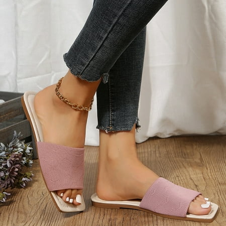 

Cathalem Ladies Fashion Solid Color Knitted Open Toe Square Head Flat Casual Sandals Warm Fuzzy Slippers for Women Pink 9