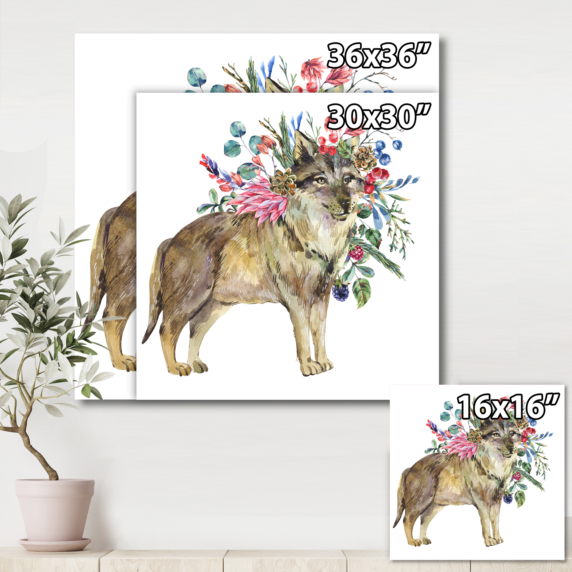 Wolf With Woodland Flowers On White 16 in x 16 in Painting Canvas Art Print, by Designart