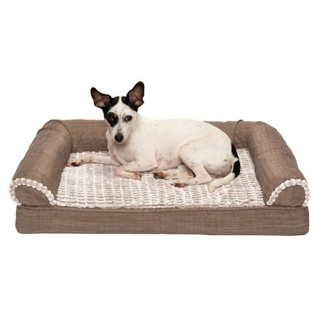 UPC: 0842229126389 | FurHaven Pet Products | Memory Foam Luxe Fur & Performance Linen Sofa Pet Bed for Dogs & Cats – Woodsmoke Medium