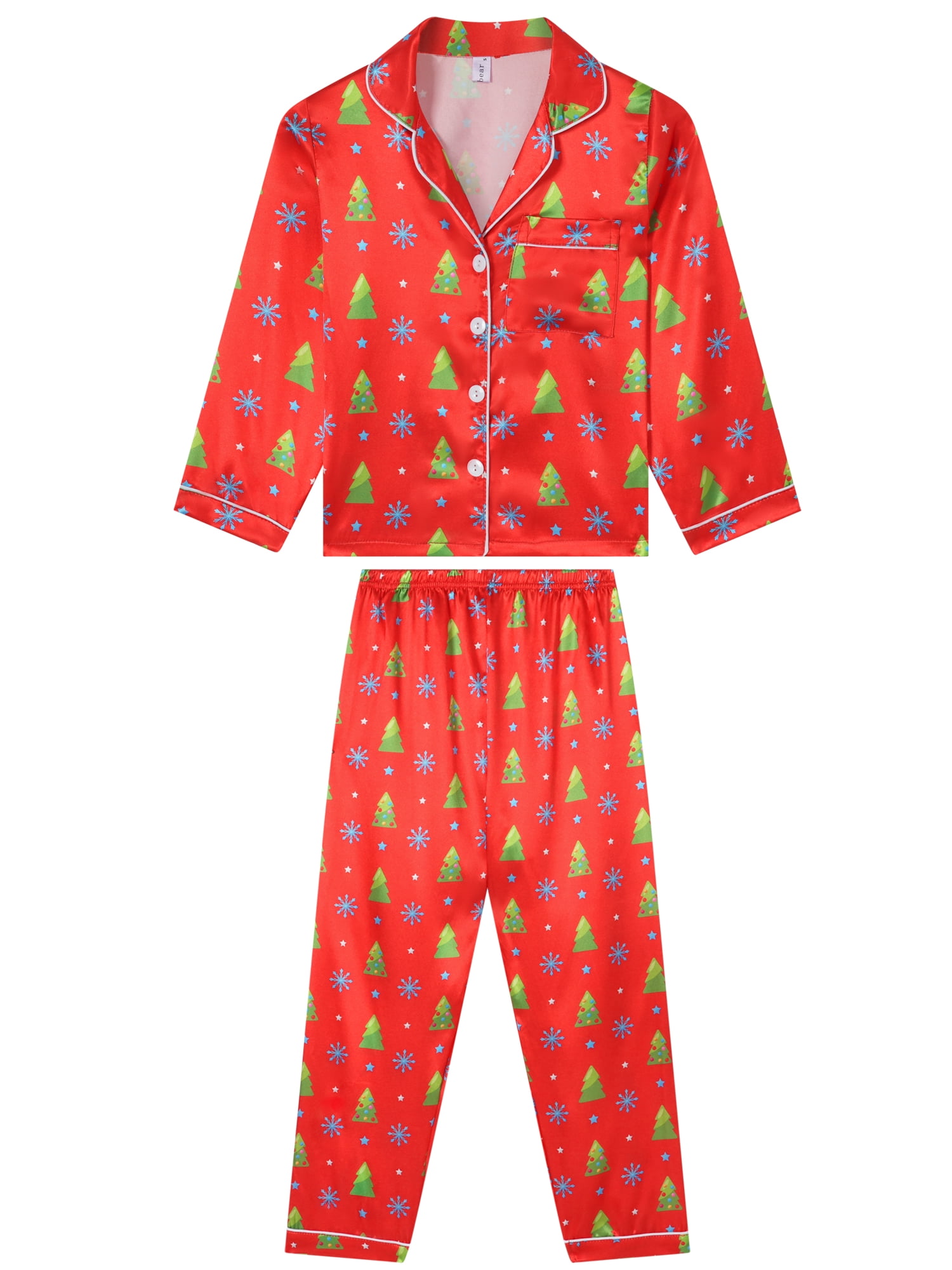 DARING DIVA Boys' & Girls' Christmas Family Satin Tree Print Pajamas Sets M Red