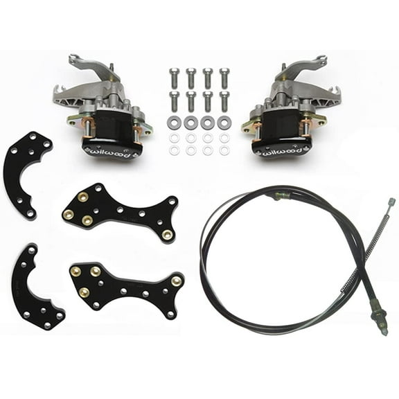 WILWOOD MC4 REAR PRO STREET PARKING BRAKE UPGRADE KIT WITH PARKING BRAKE CABLE – BLACK CALIPERS, 140-14415 & 330-9371