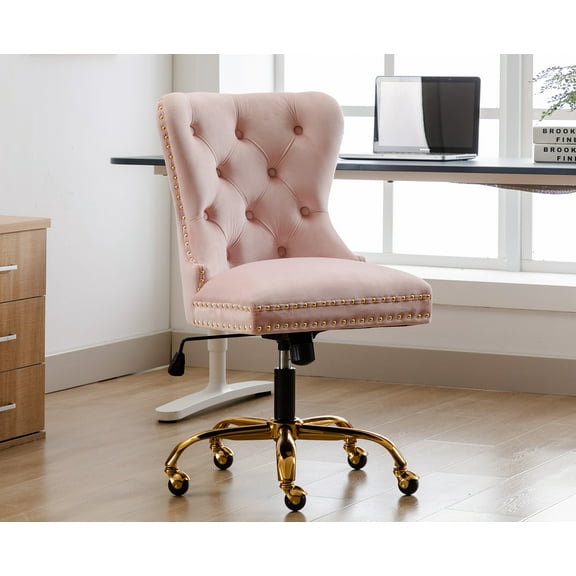 Guyou Modern Swivel Office Chair, Velvet Fabric Button Tufted And Nailhead Trim Accent Chair With Upholstery, Pink