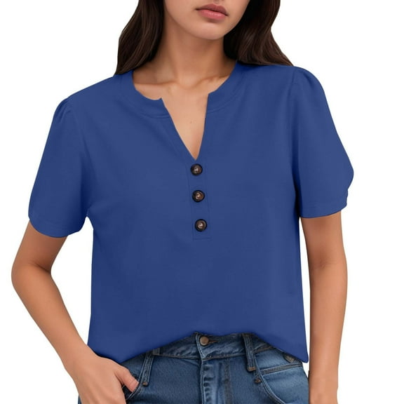 DuoJiaJ Women's Summer Short Sleeve Casual Shirt Solid Color T Shirt Stylish Lightweight Top Women’s Lace Trim Casual Blouses Blue