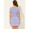 thumbnail image 4 of Vestido Floral Por Encima De La Rodilla Con Cintura Elástica Y Cuello Cuadrado Con Mangas Abullonadas Para Mujer Púrpura L, 4 of 6