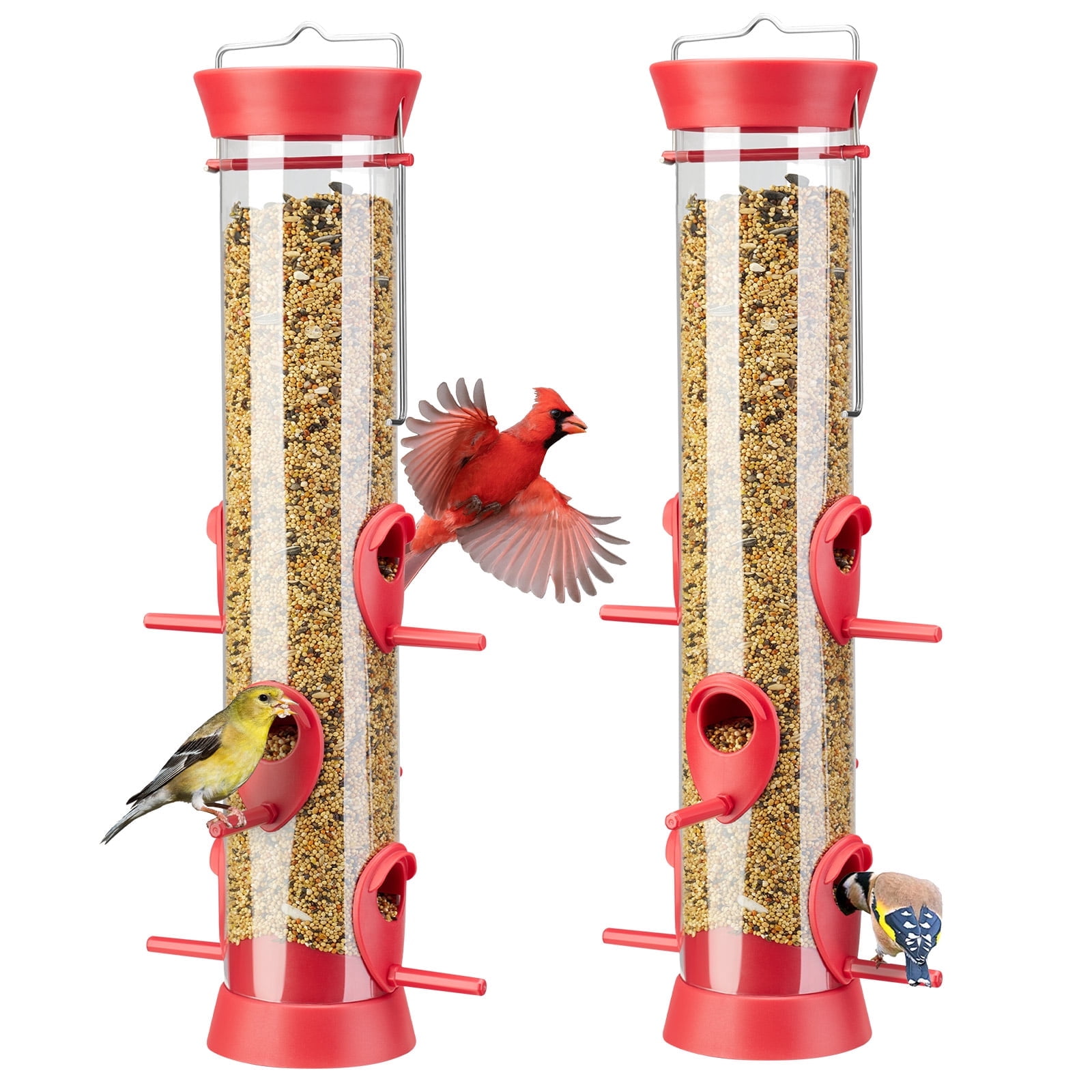 Kingsyard 2 Pack Tube Bird Feeders for Outdoors Hanging, Wild Bird Feeder with 6 Feeding Ports, Easy to Clean & Refill, 2 lbs Seed Capacity, Great for Attracting Finches, Cardinals (Red)