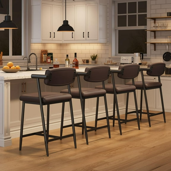 Towallmark 26.5 " Upholstered Counter Height Barstools, Wider Thickened Cushion Bar Stools Set of 4 with Armrest, Brown Leather