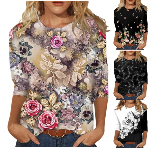 HAJWOH 3/4 Sleeve Womens Summer Fashion Tops Round Neck Shirts Casual Print Trendy Three Quarter Length T Shirt