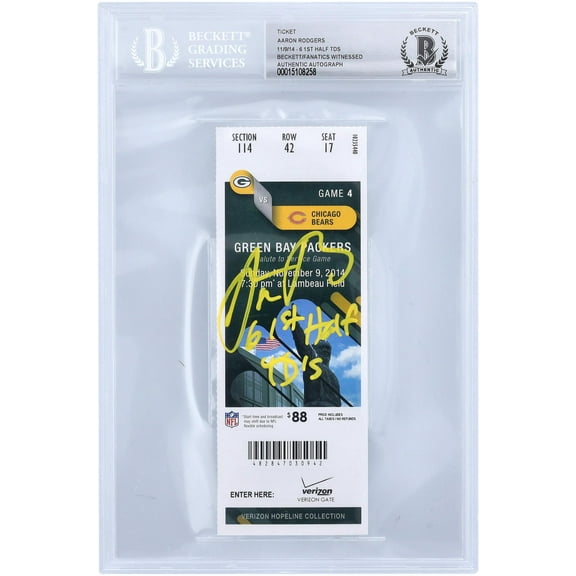 Aaron Rodgers Green Bay Packers Autographed Ticket from November 9, 2014 with "6 1st Half TD'S" Inscription - Beckett/Fanatics Witnessed - Fanatics Authentic Certified