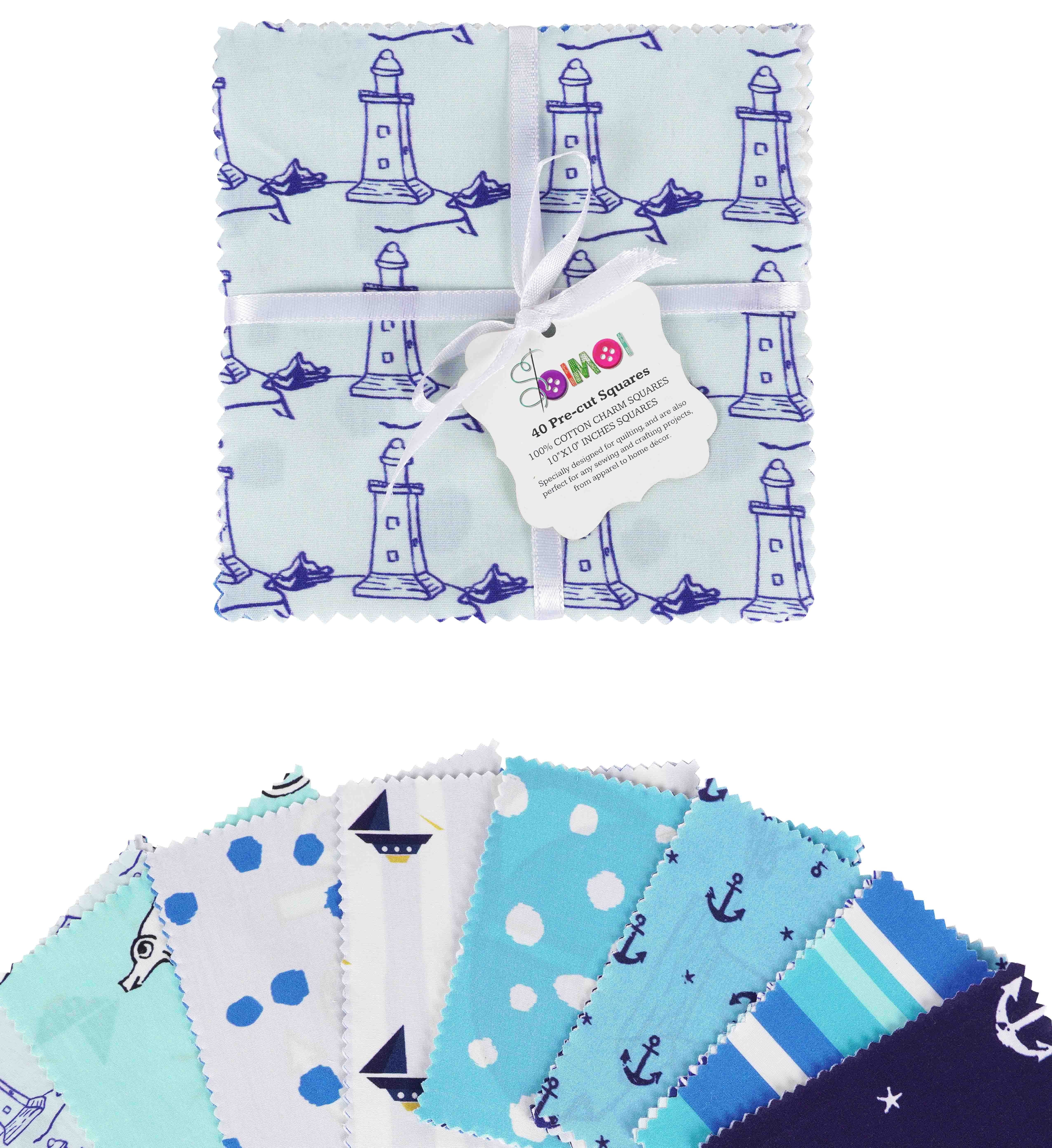 Soimoi Precut 10-inch Nautical Prints Cotton Fabric Bundle Quilting Squares Charm Pack DIY Patchwork Sewing Craft- Blue