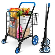 SereneLife Shopping Supermarket Cart Double Basket W/ 360 Rolling Swivel Wheels, Collapsible Design