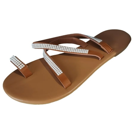 

Jungdeepe Ladies Summer Casual Rhinestone Pearl Beach Flat Bottom Set Strap Slide Tan Water Shoes Women Narrow Sandals with Arch Support for Women Sandals for Women Cute Women Sandals Size 11 Platform