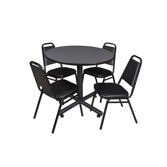 Kobe 42in. Round Breakroom Table- Grey & 4 Restaurant Stack Chairs- Black