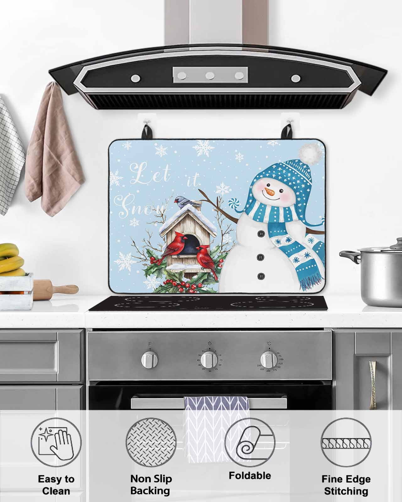 Large Induction Cooktop Protector Mat Blue Snowman Christmas Stove Top Covers for Electric Stove, Xmas Snowflake Birds Berry Winter Decorative Stove Burner Cover Mats, Glass Top Stove Cover