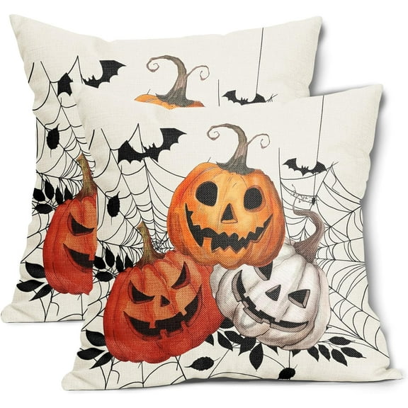 Halloween Pillow Covers 18x18 Inch Pumpkin Jack-O''-Lanterns Bat Spider Web Cotton Linen Decorative Throw Pillow Case Holiday Cushion Cover Set of 2 for Bedroom Sofa Living Room Couch Chair