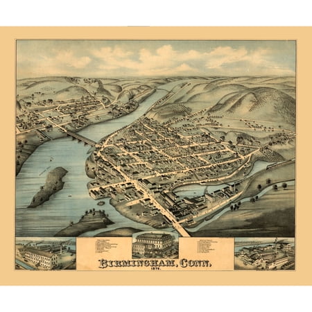 Historic Panoramic View - Birmingham Connecticut - Bailey 1876 - Vintage Wall Art