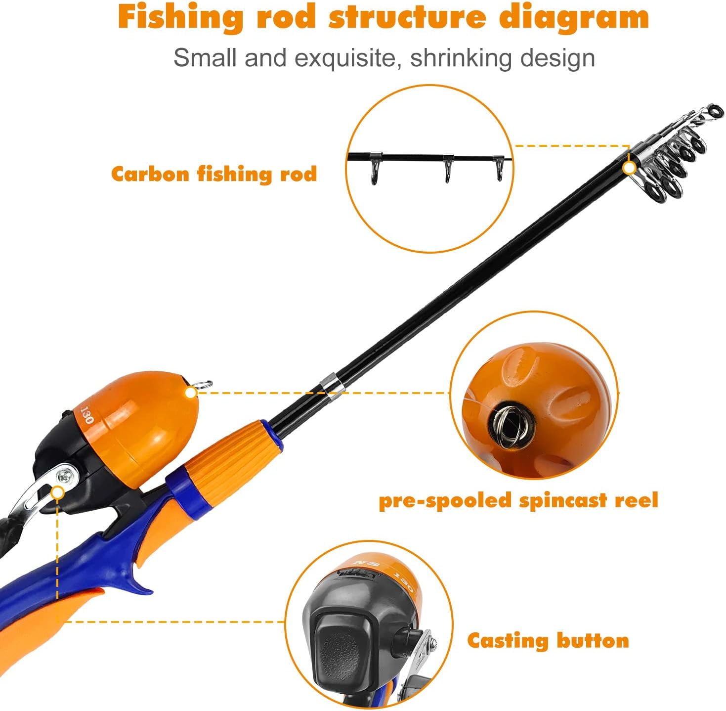 SNYNUXX Kids Fishing Pole Set Portable Telescopic Kids Fishing Rod and Reel Combo Kit with Tackle Box for Beginners, Orange