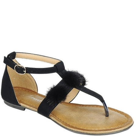 

Women Triple Pom Pom Fur Ball Cute Stylish T-Strap Sandals Flats Shoes Black
