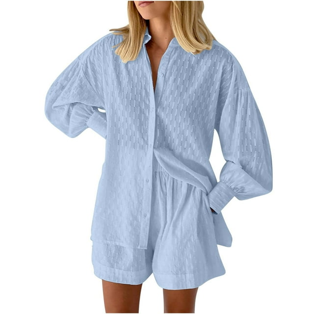 Timegard Womens 2 Piece Sets Long Sleeve Button down Tops and Elastic Waisted Wide Leg Shorts Comfy Casual Loose Sets