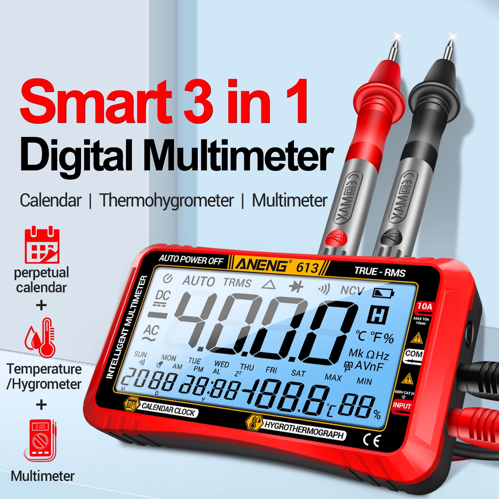 3 in 1 Smart Multimeter Perpetual Calendar Temperature Hygrometer 4000 Counts Digital AC/DC Curent Voltage Resistance Capacitor Tester Professional Test Tools