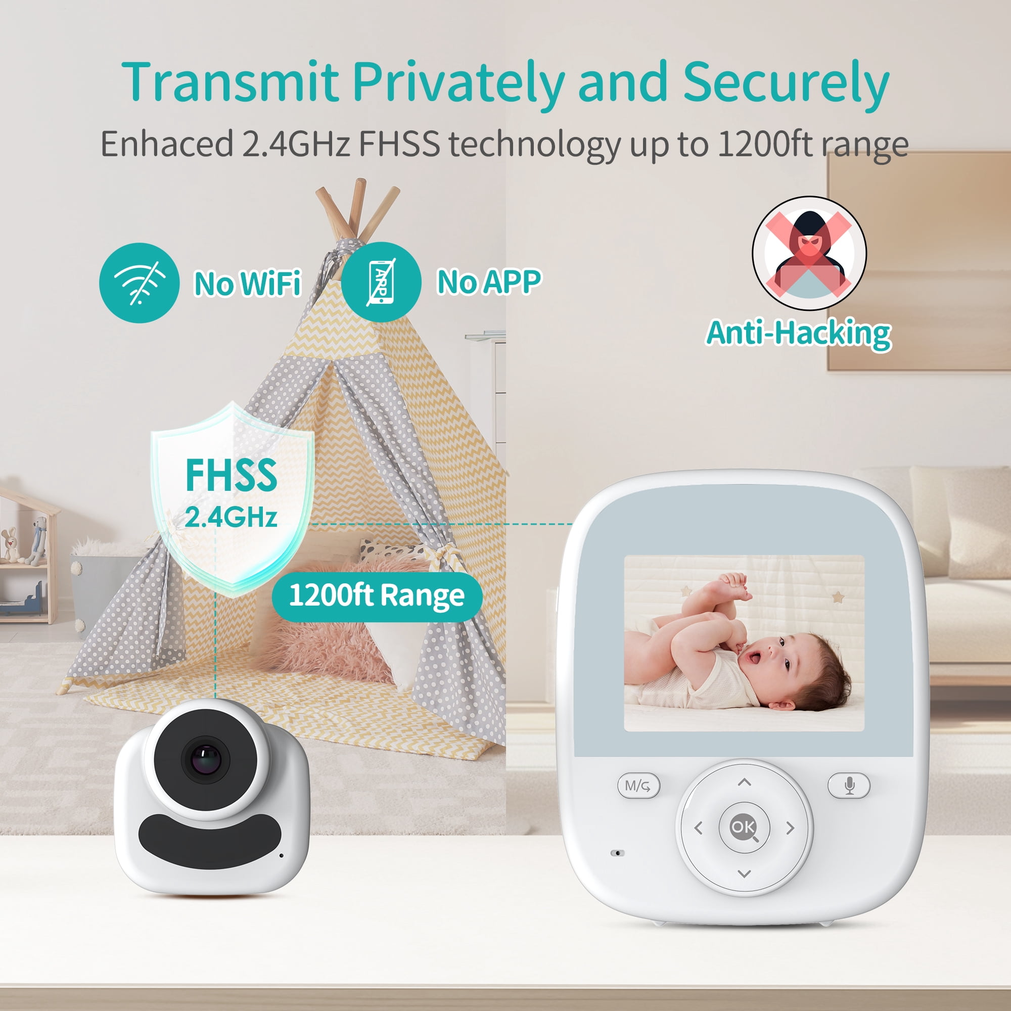 Vizolink AI Smart 2.8'' Video Baby Monitor with Camera & Audio, Cry Detection, Night Vision, 1200ft Range