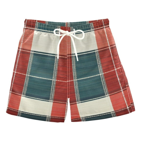 FORMRS Boys Swim Trunks Quick Dry Mesh Liner Boardshorts Sizes XS-XL, Vibrant Red Tartan Pattern