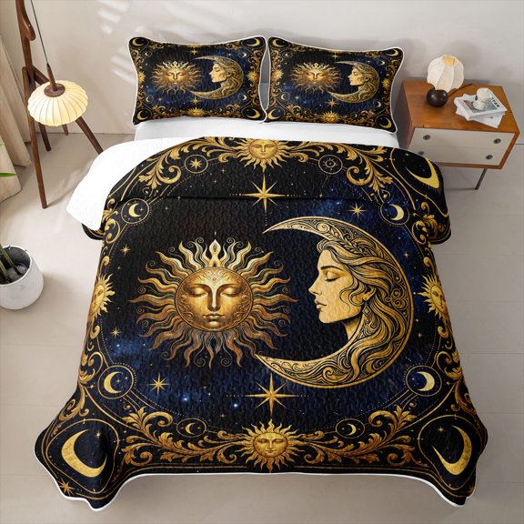 Homewish Mystic Sun Moon Twin Quilt Set, Cosmos Stars Twin Coverlet Set, Gold Dark Blue, 2 Pieces 1 Bedspread and 1 Pillowcase