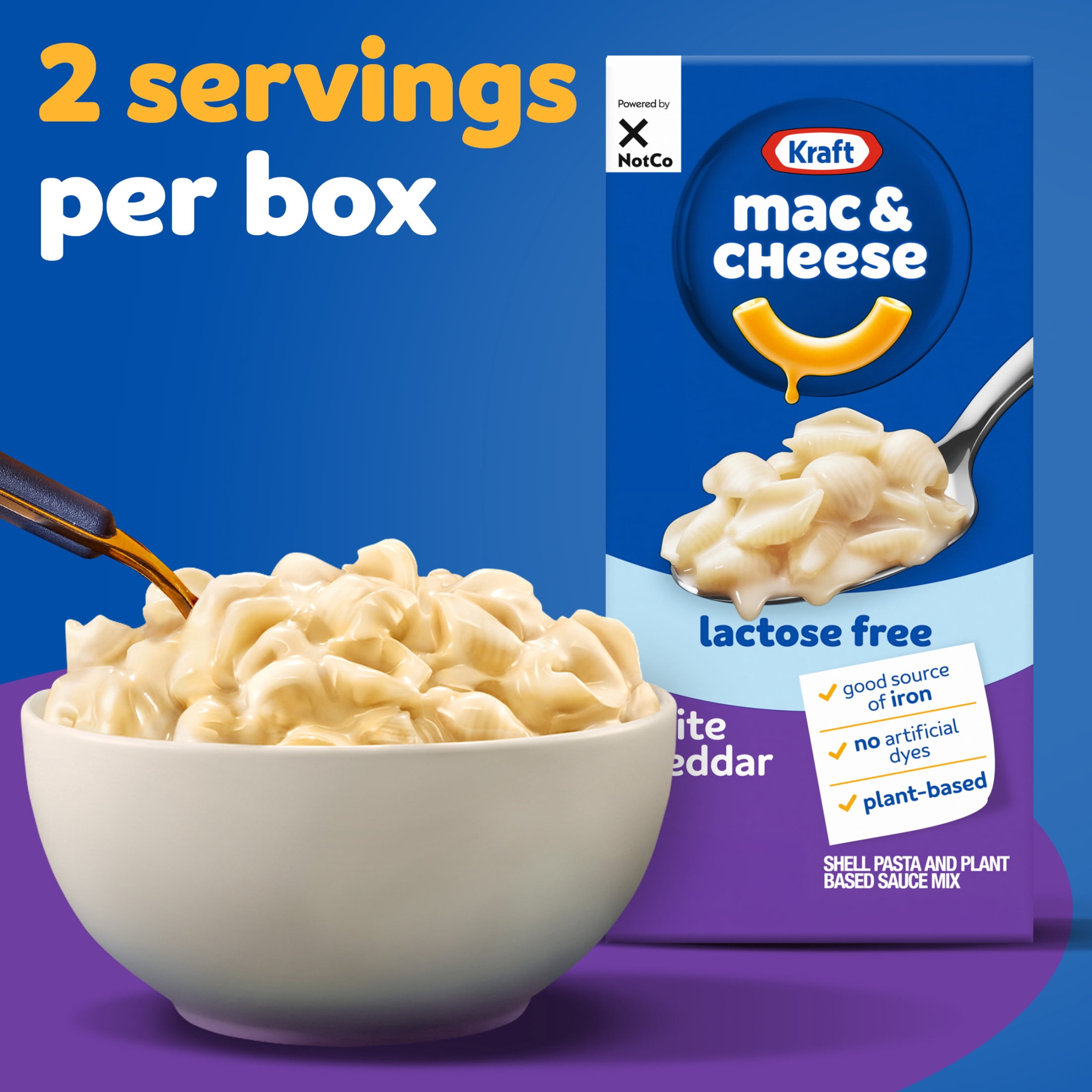 (2 pack) Kraft NotCo Lactose Free Mac and Cheese, Plant Based, 1 Box, White Cheddar Style, No Artificial Dyes, Good Source of Iron (15%), 10g of Protein (8%), 6 oz