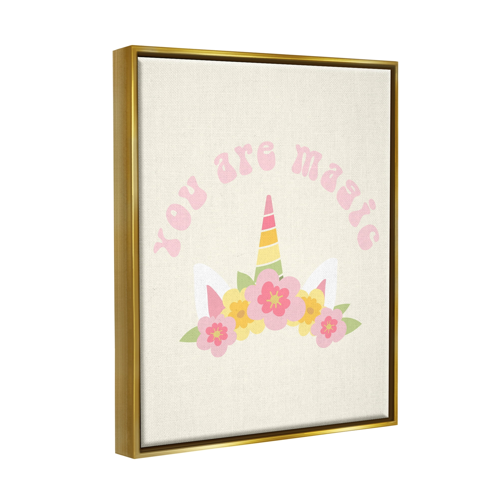 Stupell Industries Retro Magic Unicorn Phrase Fairy Tales & Fantasy Painting Gold Floater Framed Canvas Art Print Wall Art, 25 x 31