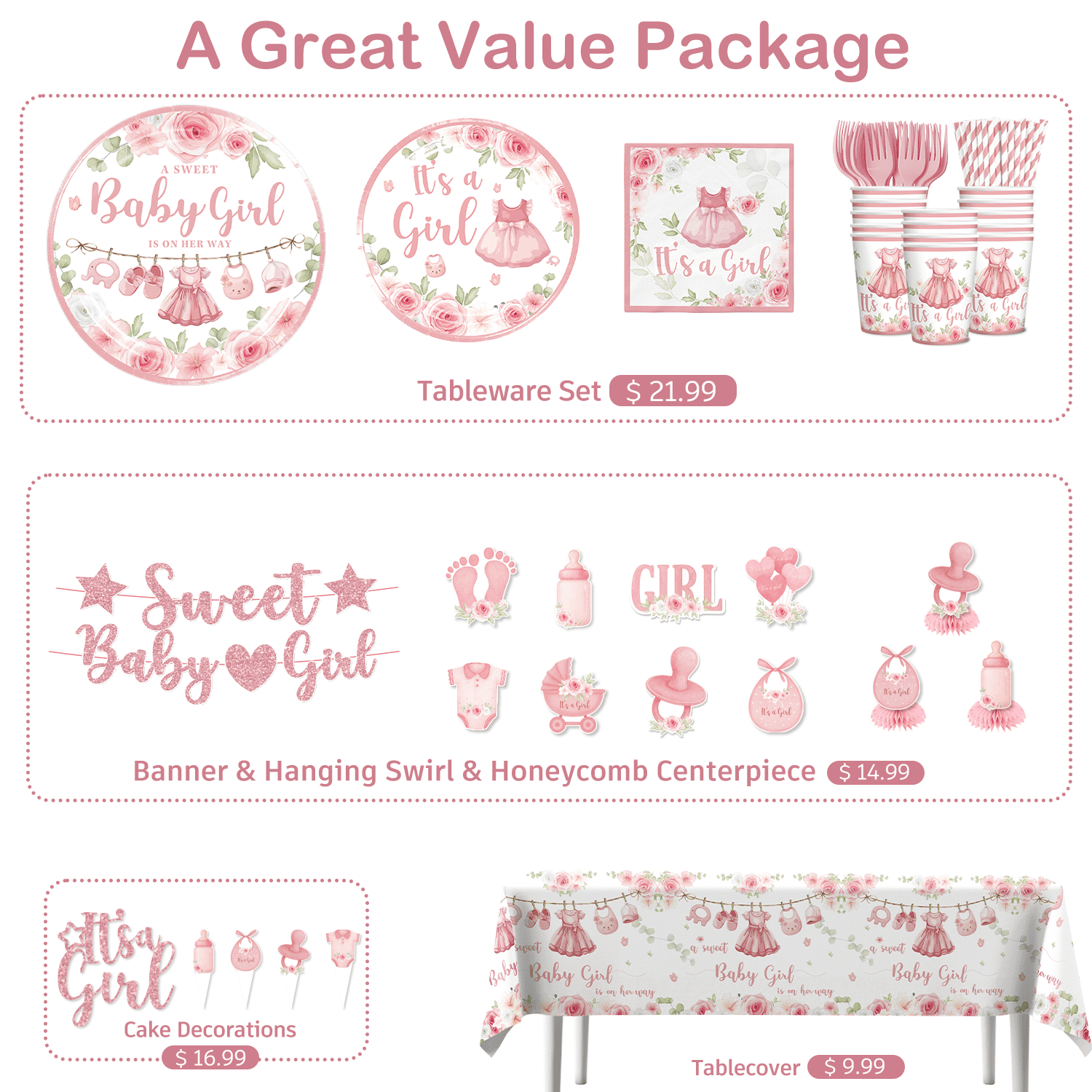 morabloomy Its a girl Baby Shower Decorations Tableware Set Severs 25 Guests, Pink Floral Girl Baby Shower Decorations 213Pcs