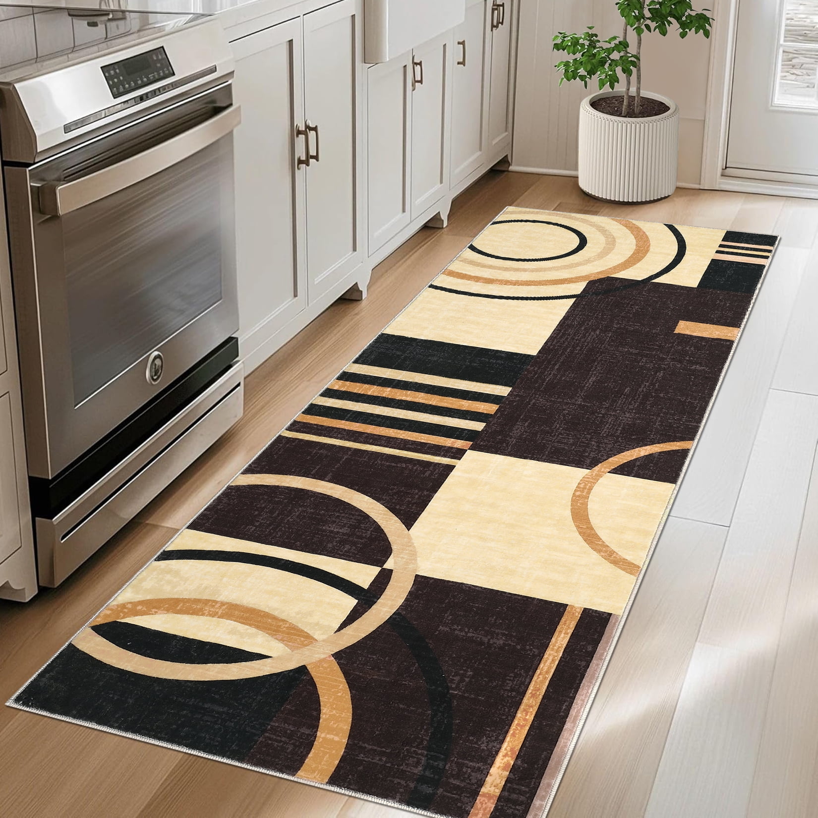 Modern Washable Area Rugs, Contemporary Geometric Circles Carpet with Non-Slip Backing