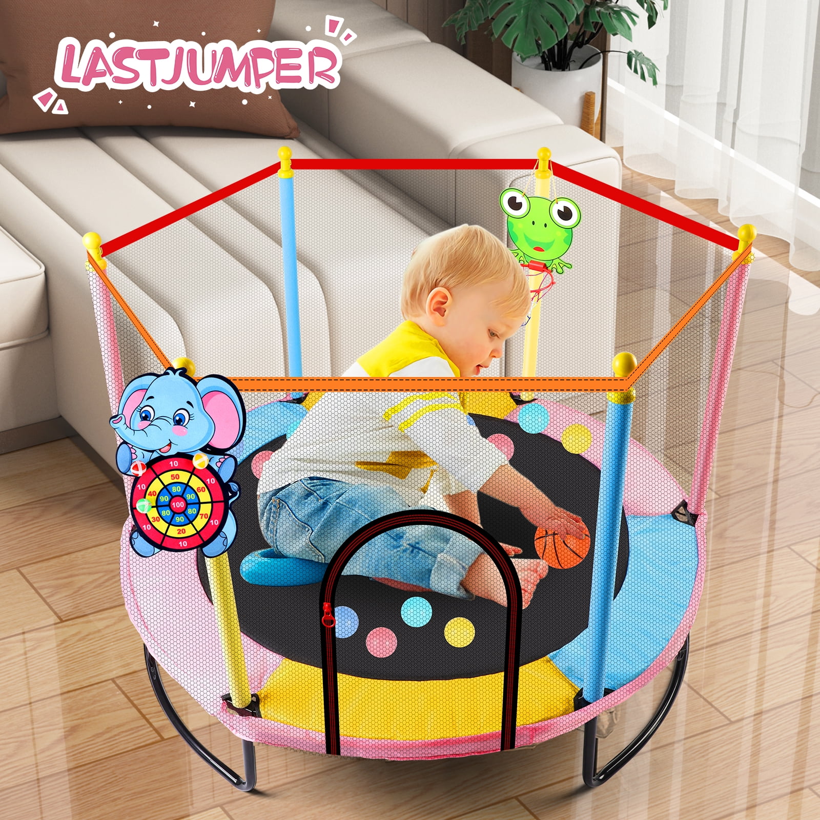 LASTJUMPER 60" Pink Trampolines for Kids, 5ft Mini Indoor & Outdoor Small Toddler Trampoline with Basketball Hoop, Dart Board, Ocean Ball ,Baby Trampoline Toys, Birthday Gifts for Kids