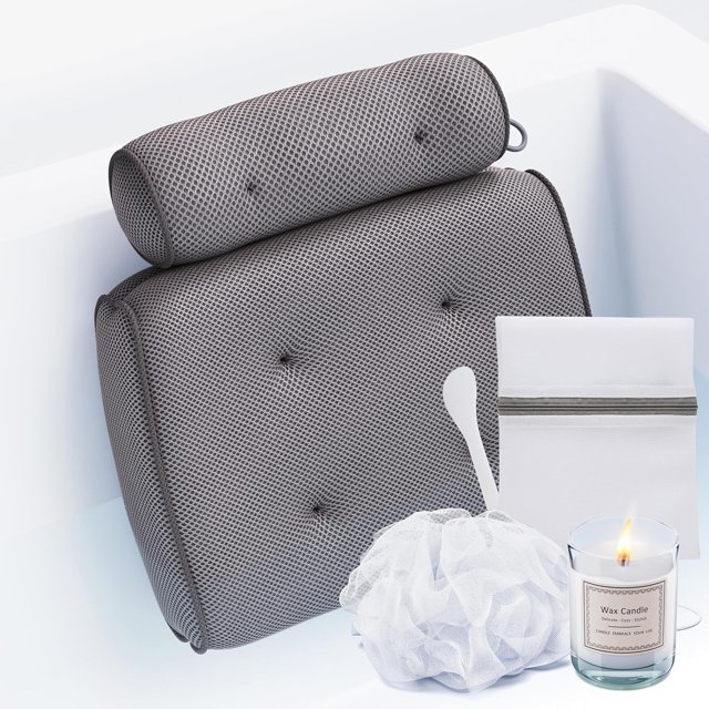 Almohada de baño SunSerenity Luxury para bañera con vela y lufa gris
