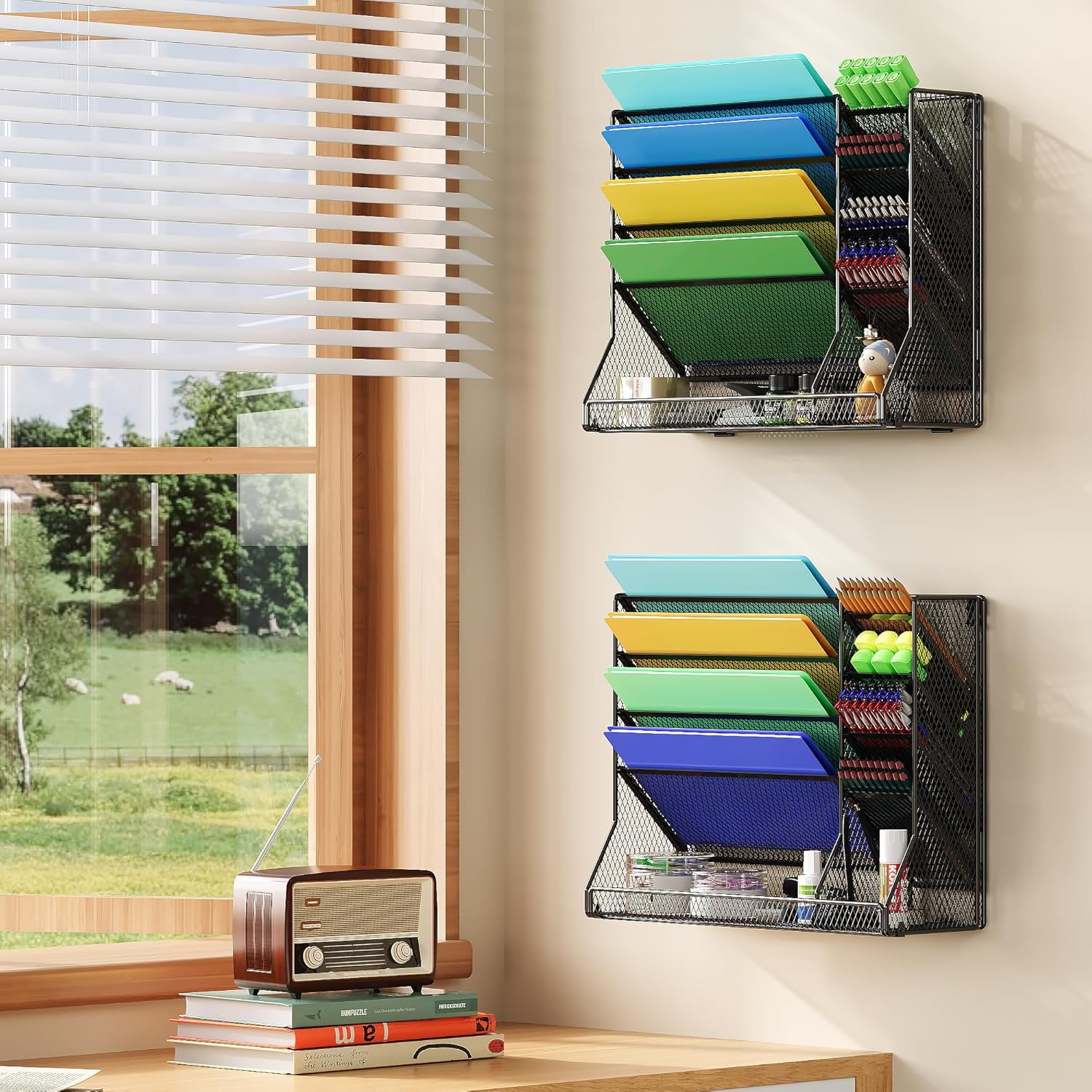 X-COSRACK 4-Tier Wall Mounted File Organizer, Adjustable Metal Mesh Paper Holder with Stable R-Shaped Base, Desktop Hanging Magazine Rack for Home Office & School, Letter Size, Black