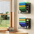 thumbnail image 2 of File Organizer Wall Mounted, 4 Tiers Durable Adjustable Metal Desk Organizer, Desktop Vertical Hanging File Holder with 4 Pen Slots Stable, 4 Pull-Out Divider for File, Mail, Newspaper, Black, 2 of 4