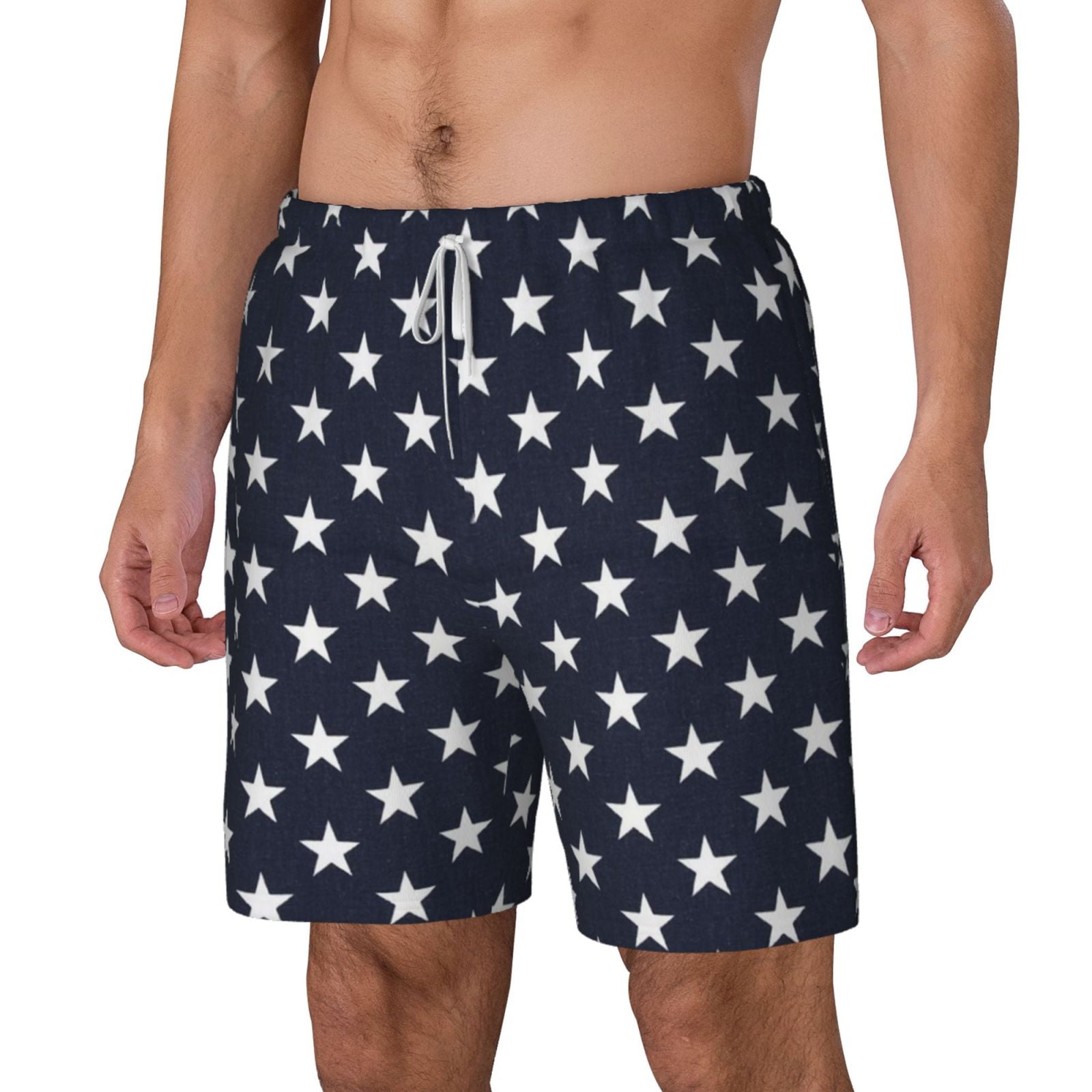 Men's Stars Navy Blue White Swim Trunks with Compression Liner Bathing Suit Swimwear
