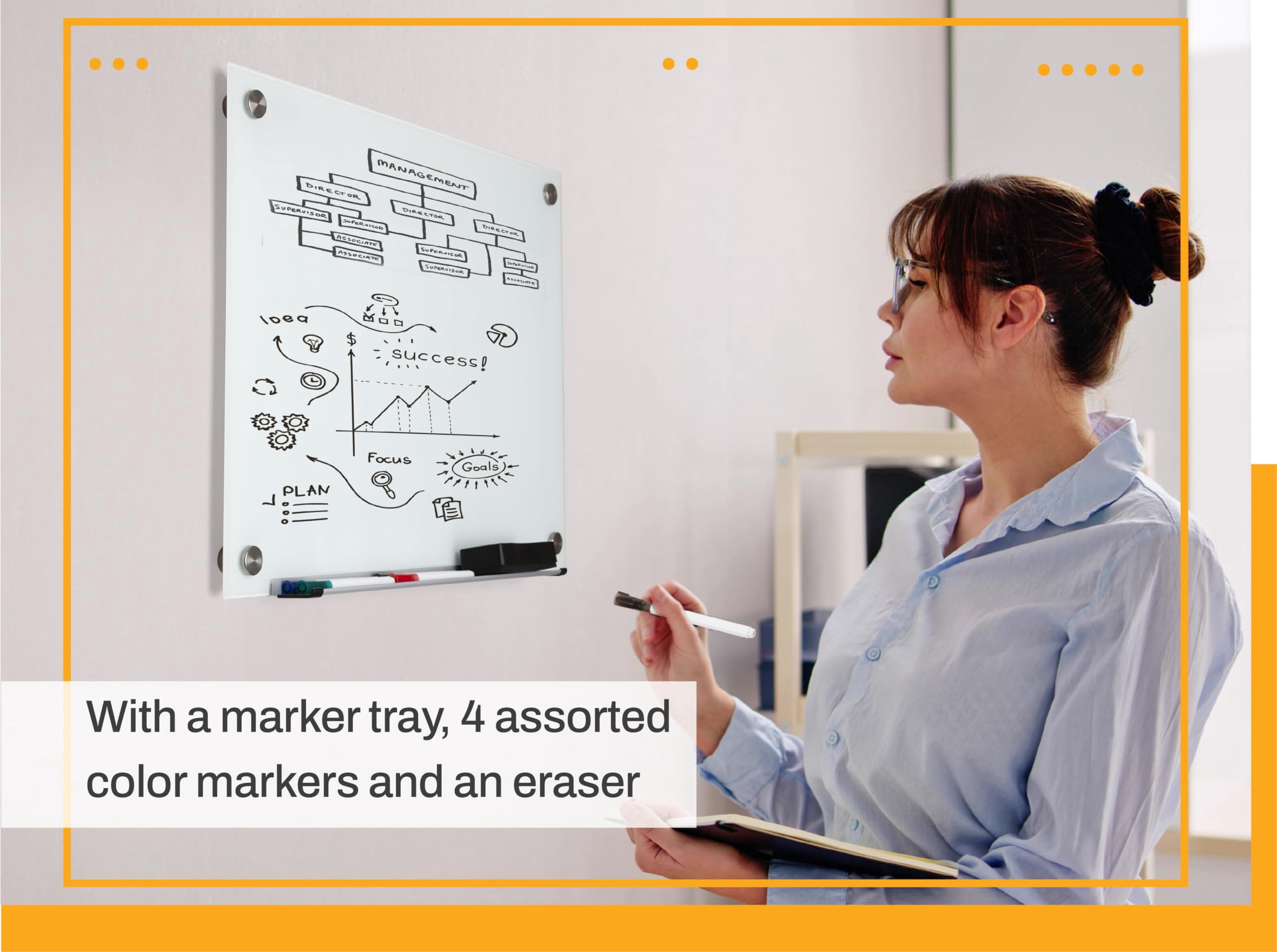 Real Glass Dry Erase Board, 18" x 24", Bright White Tempered Glass Surface, Frameless Wall Mount, with 4 Assorted Color Markers and Eraser, by Better Office Products