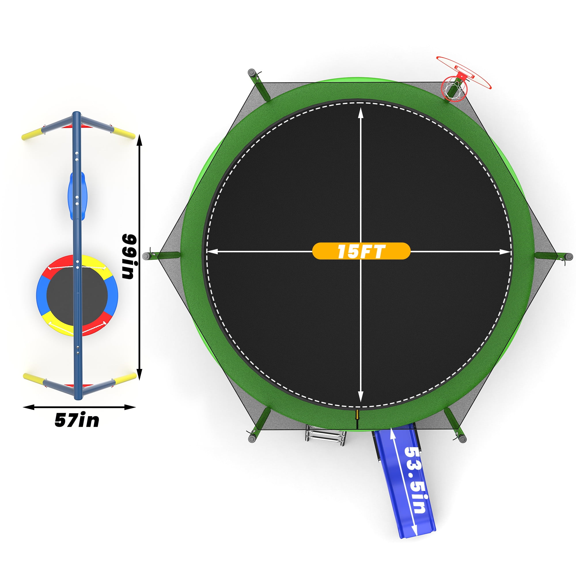 Mersco 15FT Heavy Duty Trampoline Outdoor for Backyard, with Enclosure Net , Slide and Swing Set , with Basketball Hoop,Birthday and Holiday Gifts ,Green