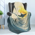 thumbnail image 4 of Ocean Soft Flannel Fleece Blanket, Illustration of Cloudy Sky Tropical Island Wave and Surfer at Sunset Seascape, Cozy Plush for Indoor and Outdoor Use, 50" x 60", Beige Yellow Navy, by Ambesonne, 4 of 5