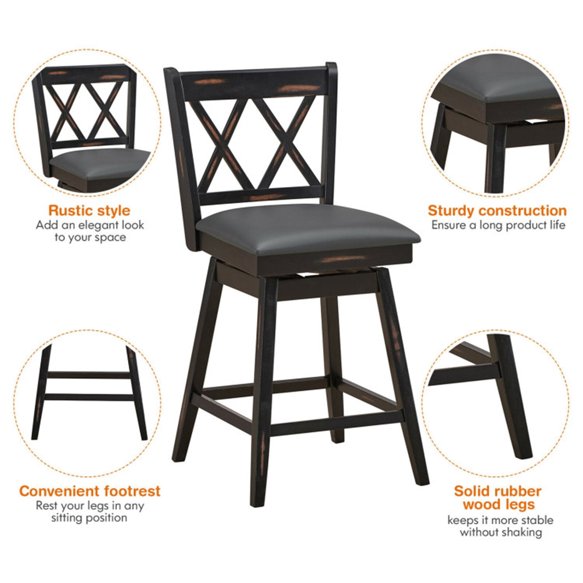Demi Bonn 2 Pieces Swivel Counter Height Barstool Set with Rubber Wood Legs, 25" Modern Dining Chair with Backrests, Black