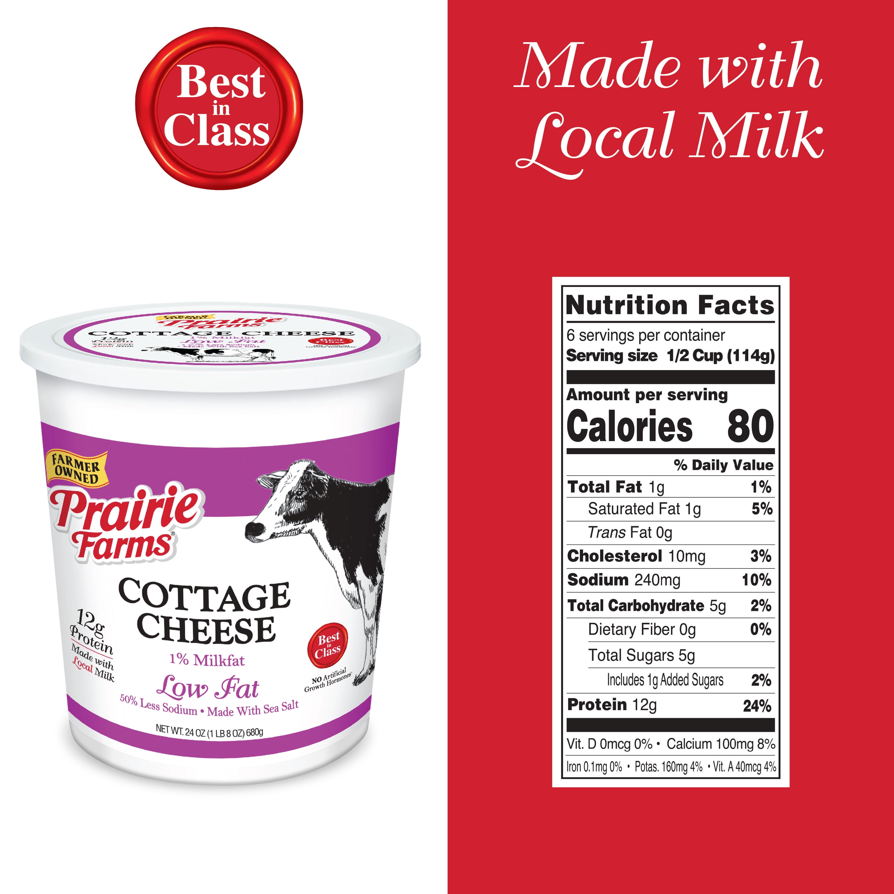 Prairie Farms Low Fat 1% Cottage Cheese, 24 Oz.