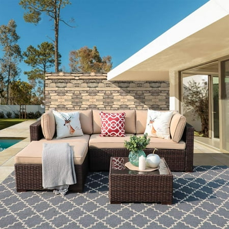 Sectional Patio Furniture On Sale Patio Outdoor Furniture Sectional Sofa Set (5-Piece Set) All-Weather Brown Wicker with Beige Seat Cushions &Glass Coffee Table| Patio, Backyard, Pool| Steel Frame ()