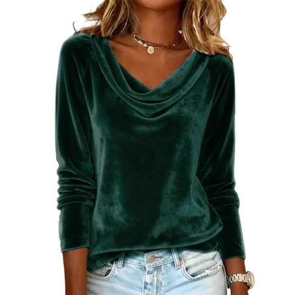Women's Sparkly Velvet Tops Elegant Cowl Neck Long Sleeve Shirts Fall Winter Dressy Casual Blouses Tshirts 2025, Green XL