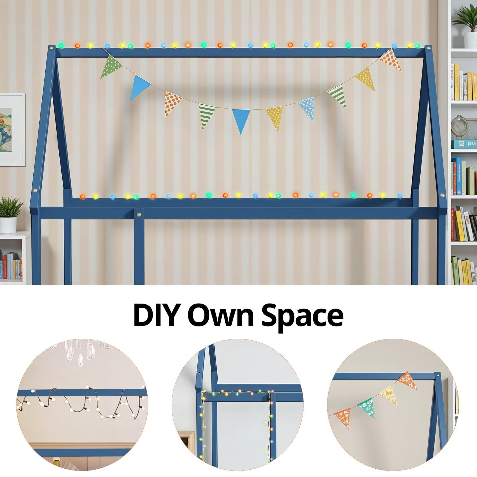 Full Size Montessori Floor Bed Frame Fence, Wooden House Bed for Boys Girls Bedroom, Mist Blue (without Slats)
