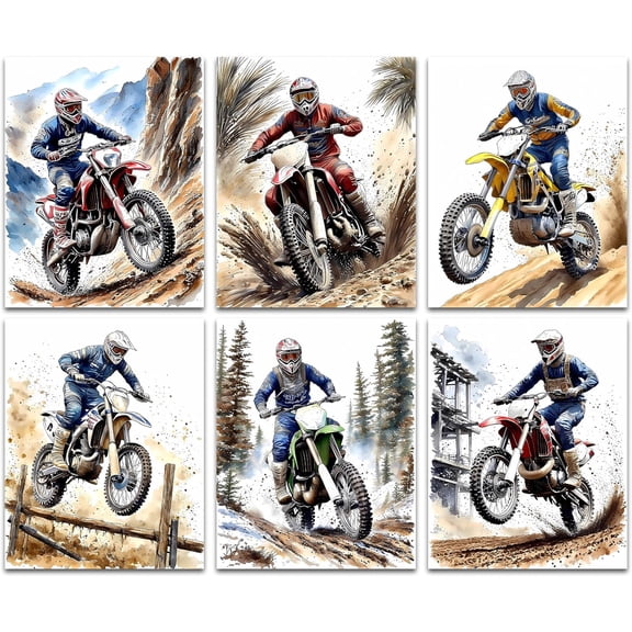 Motocross Posters Wall Art Print,Dirtbike Decor for Boys Motocross Bedroom Picture Photo,Cool Motocross Room Decoration,Extreme Sport Canvas Wall Art for Man Cave Set of 6(8”x10”Unframed)