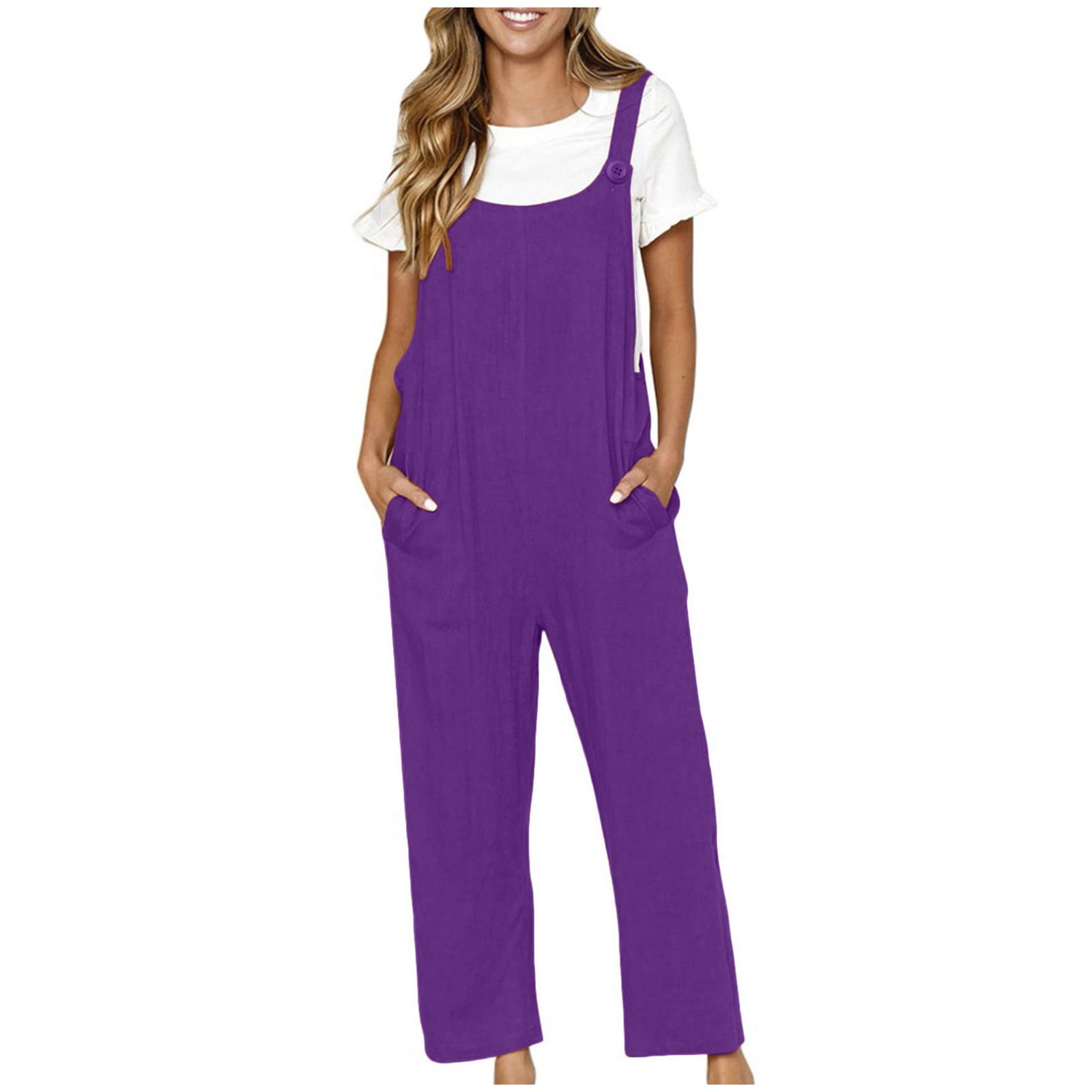 Womens Overall Jumpsuit Loose Sleeveless Button Straps Overalls Purple ...