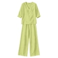 thumbnail image 7 of BRELIL Women Plus Size Summer V Neck Blouse Wide Leg Pants Two Piece Sets Casual Solid Boho Beach Vacation Travel Outfits Loungewear, Green XL, 7 of 7