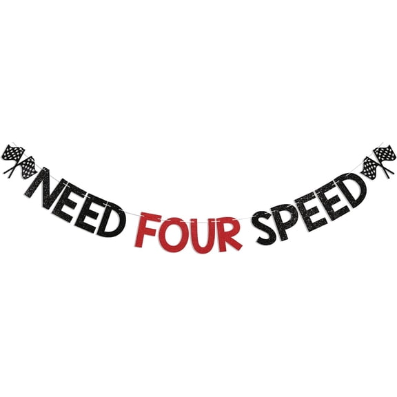 Need Four Speed Banner Checkered Flag Banner Kit - Need Four Speed Birthday Decorations, Race Car Them 4th Birthday Party Supplies for Boy Black Red