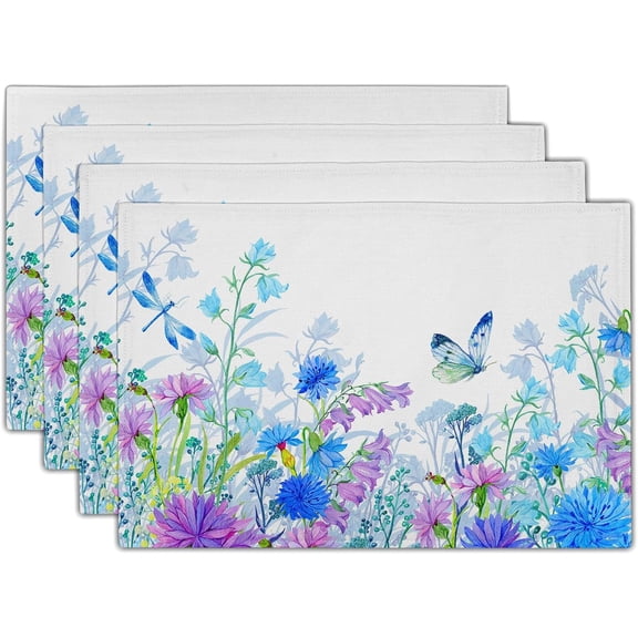 Blue Purple Floral Placemats for Dining Table Set of 4, Butterfly Decoration Spring Seasonal Washable Table Mats for Home Party Kitchen Indoor 12 x 18 Inch