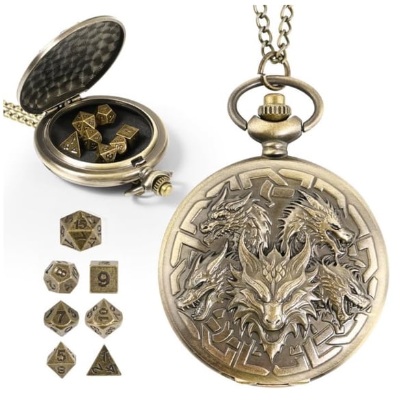 D&D Dice Set,7PCS Metal Dice for Dungeons and Dragons,Mini Dice Set with Pocket Watch Case,Role Playing Board Games Accessories (Dragon, Bronze)