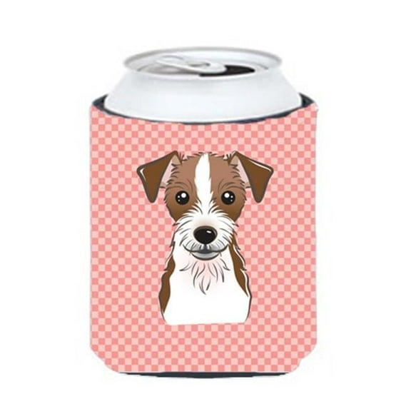 Checkerboard Pink Jack Russell Terrier Can Or Bottle Hugger, 12 Oz.